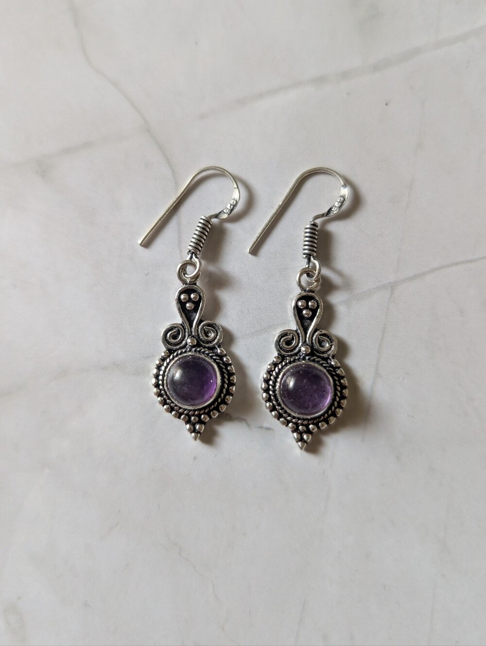 Sterling Silver Amethyst Dangle Earrings | 925 Ornate Purple Stone